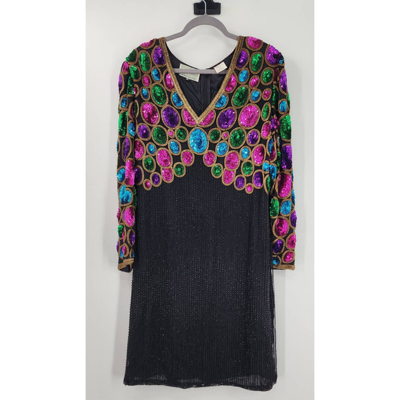 Vintage Long Sleeve Silk Beaded Sequin Evening New Years‎ Holiday Dress Size 1X - Picture 1 of 16